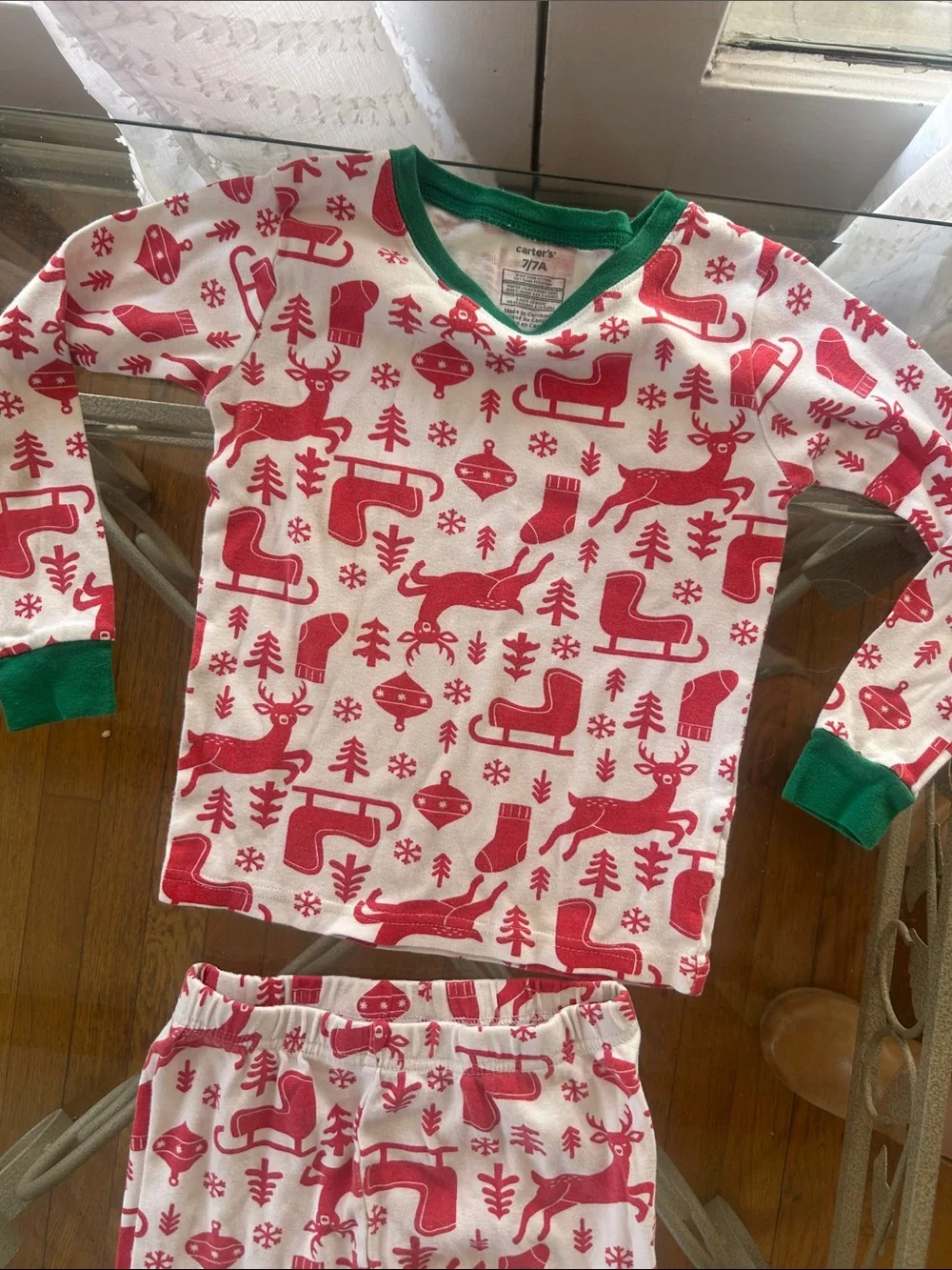 Carter's Red & White Reindeer Holiday Pajama Set with Green Trim kids 7/7A